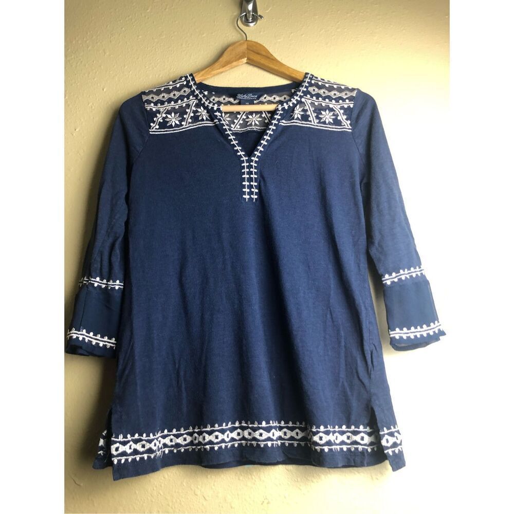 Lucky Brand Boho Embroidered Navy Tunic Top XS 3/4 Sleeve - Picture 4 of 13